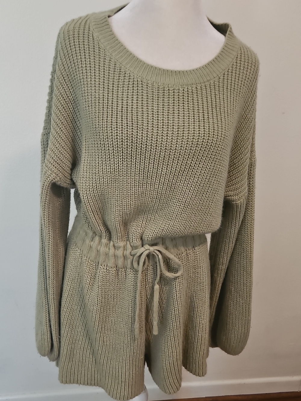 Indikah Knit Drawstring Waist Sweater Romper - Sage Green S